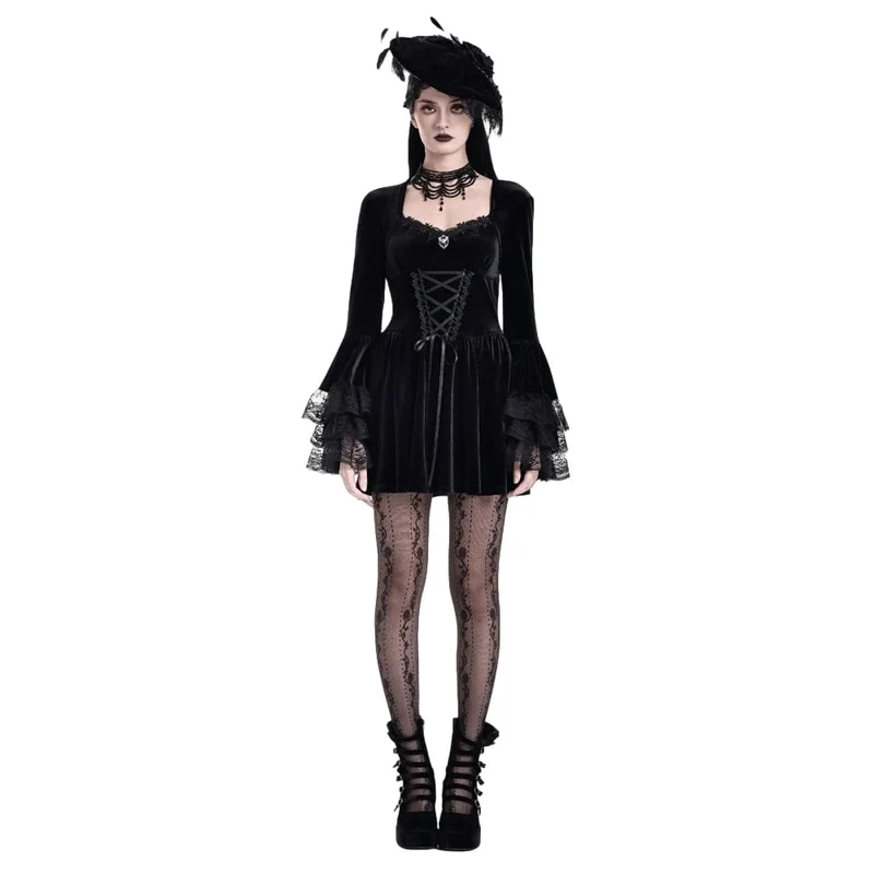 Gothic-Kleid für Damen mit Schnürung, eckigem Kragen und ausgestellten Ärmeln – Abschlusskleid