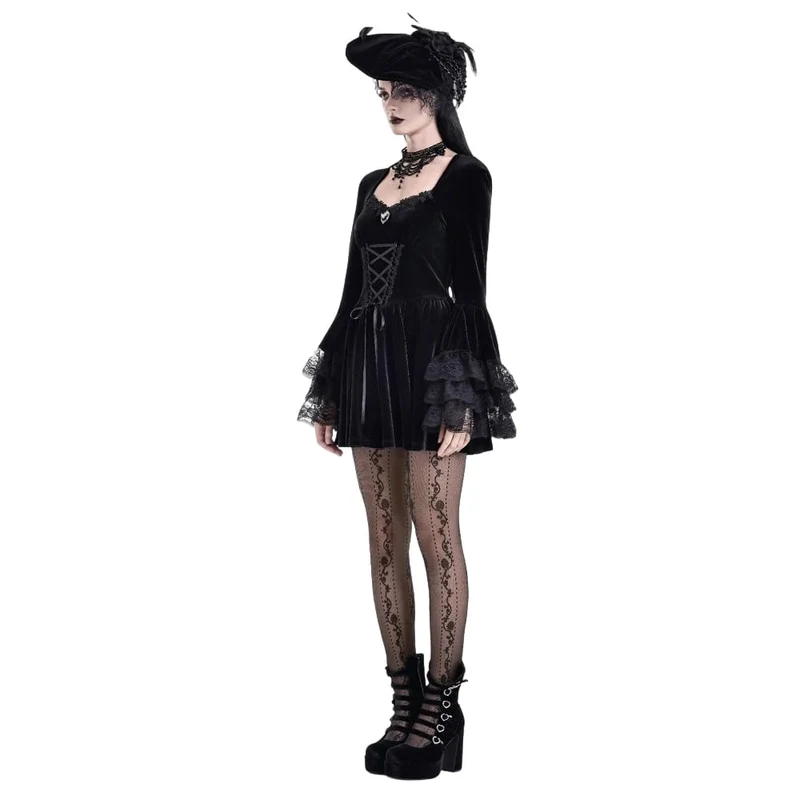 Gothic-Kleid für Damen mit Schnürung, eckigem Kragen und ausgestellten Ärmeln – Abschlusskleid