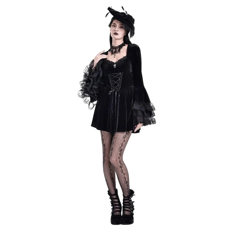 Gothic-Kleid für Damen mit Schnürung, eckigem Kragen und ausgestellten Ärmeln – Abschlusskleid