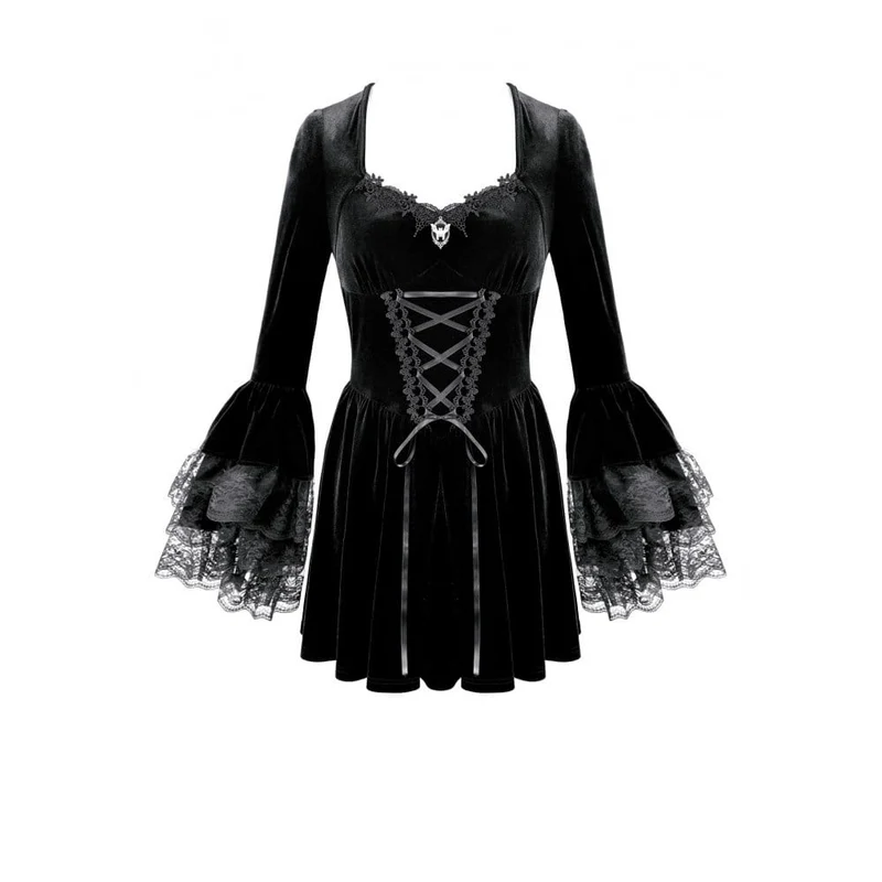 Gothic-Kleid für Damen mit Schnürung, eckigem Kragen und ausgestellten Ärmeln – Abschlusskleid