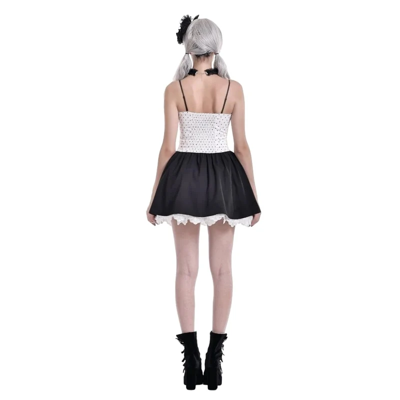 Gothic-Kleid mit Polka-Dots, Schnürung und ausgestelltem Rock für Damen, Abschlusskleid