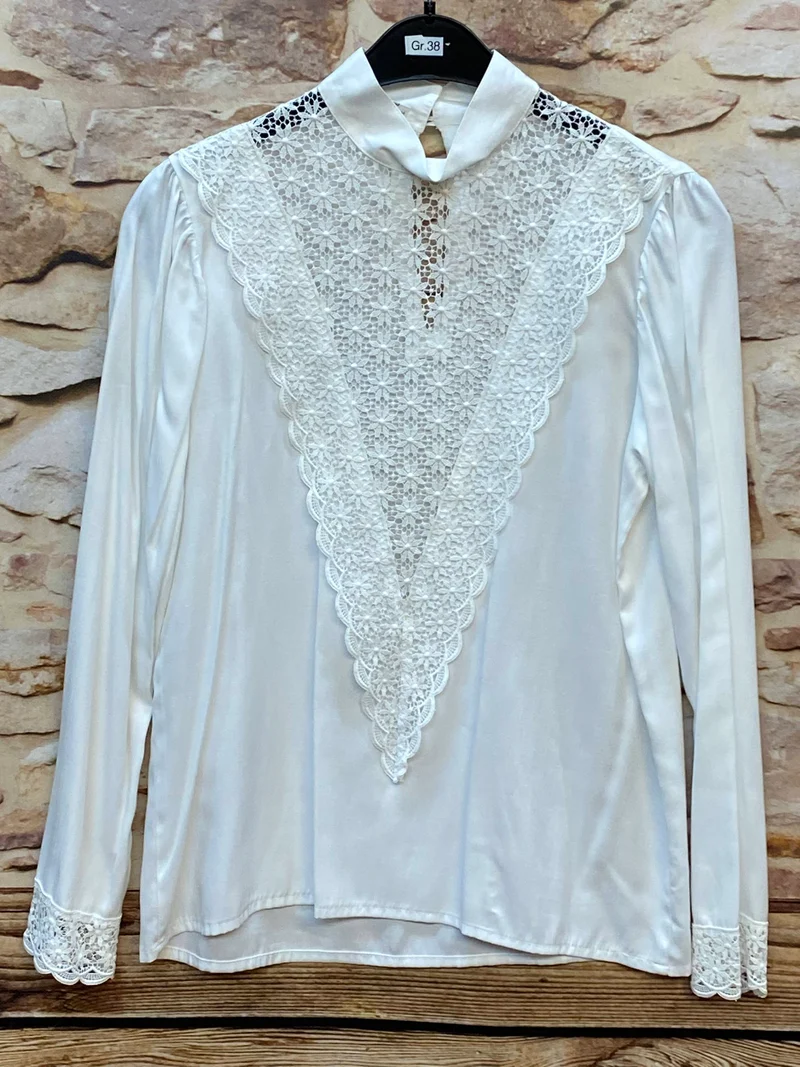 Vintage Bluse weiß Spitze Stehkragen Gr. 38