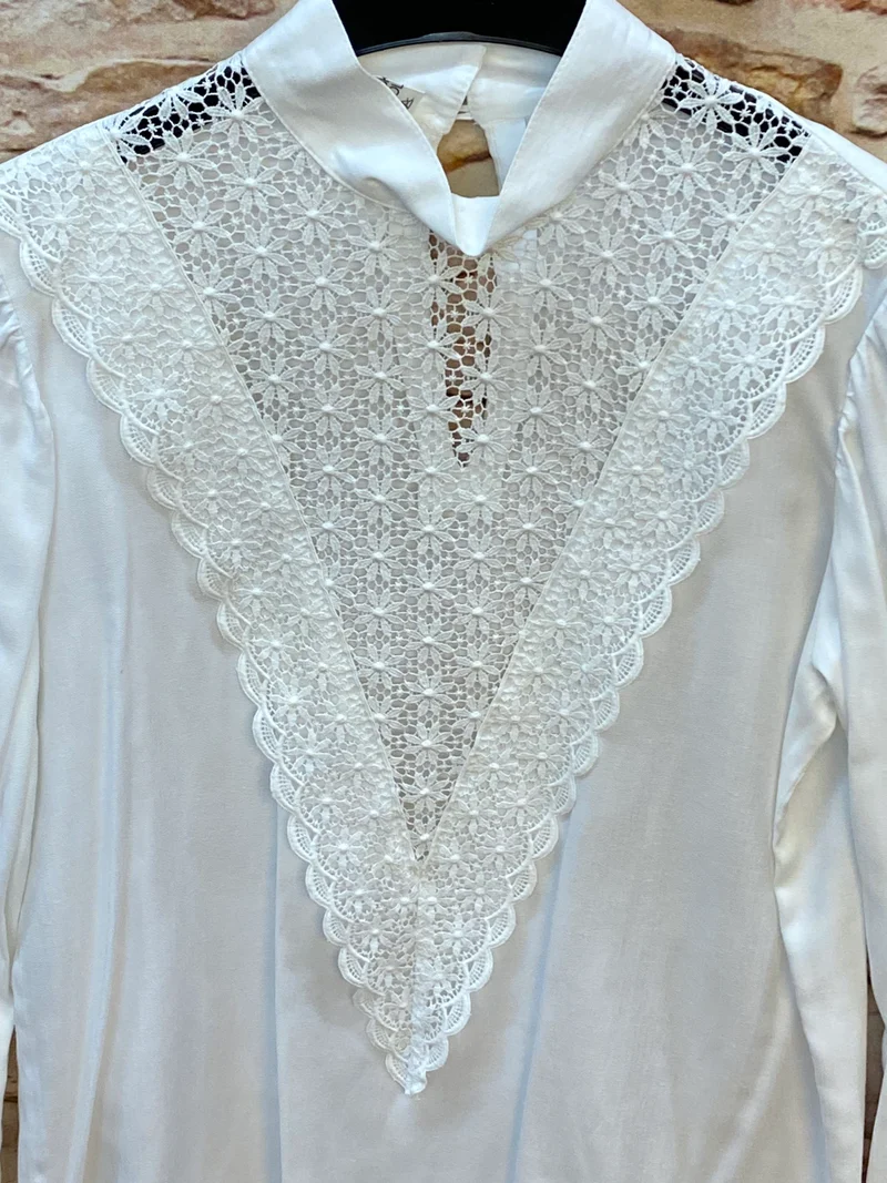 Vintage Bluse weiß Spitze Stehkragen Gr. 38