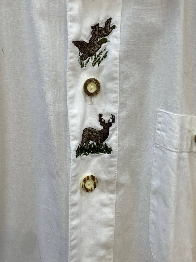 Vintage Trachtenhemd Herren Weiß Gr. XL – mit Hirsch & Vogel Stickerei