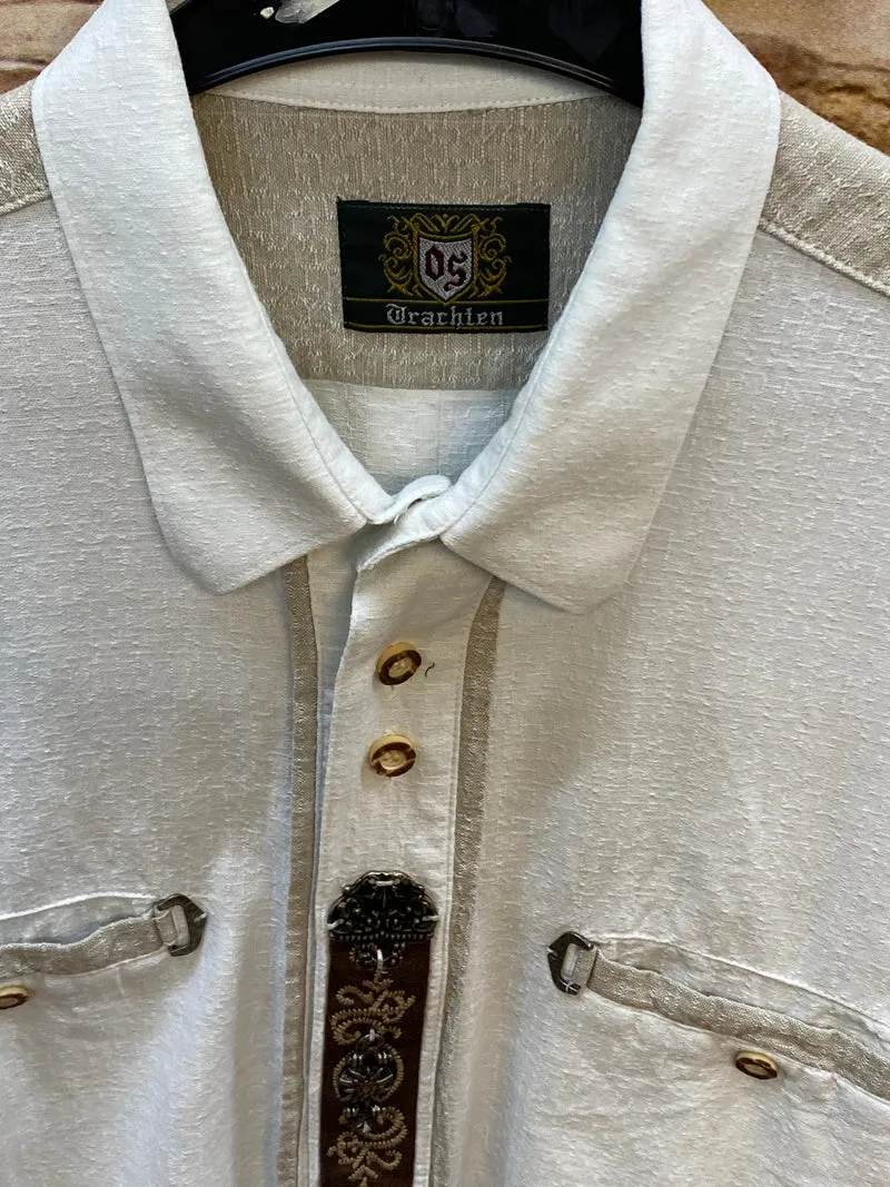 Vintage Trachtenhemd Herren Weiß Gr. 44 – mit Zierleiste & Stickerei