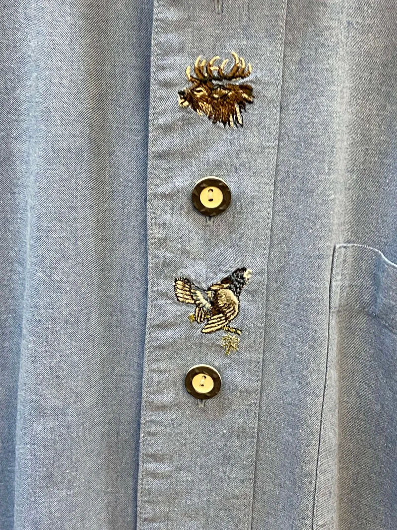 Vintage Trachtenhemd Herren Blau mit Stickerei Gr. 44