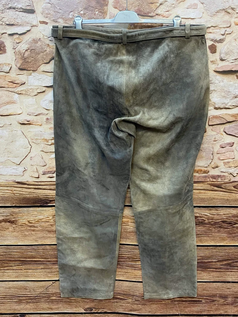Vintage Trachten Lederhose Herren grau-grün Gr. ca. 54 lange Lederhose Echtleder mit Gürtel
