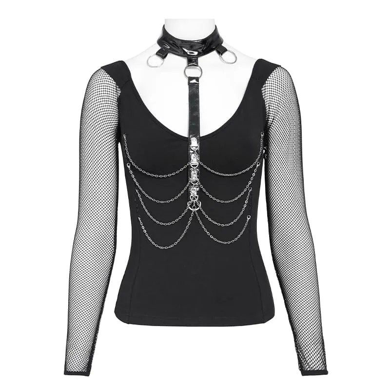 Frauen Steampunk Mesh Kunstleder Tops