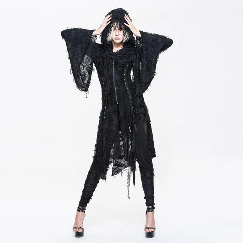 Frauen Spitze und Trimmen Goth Style Mid Length Hooded Dress