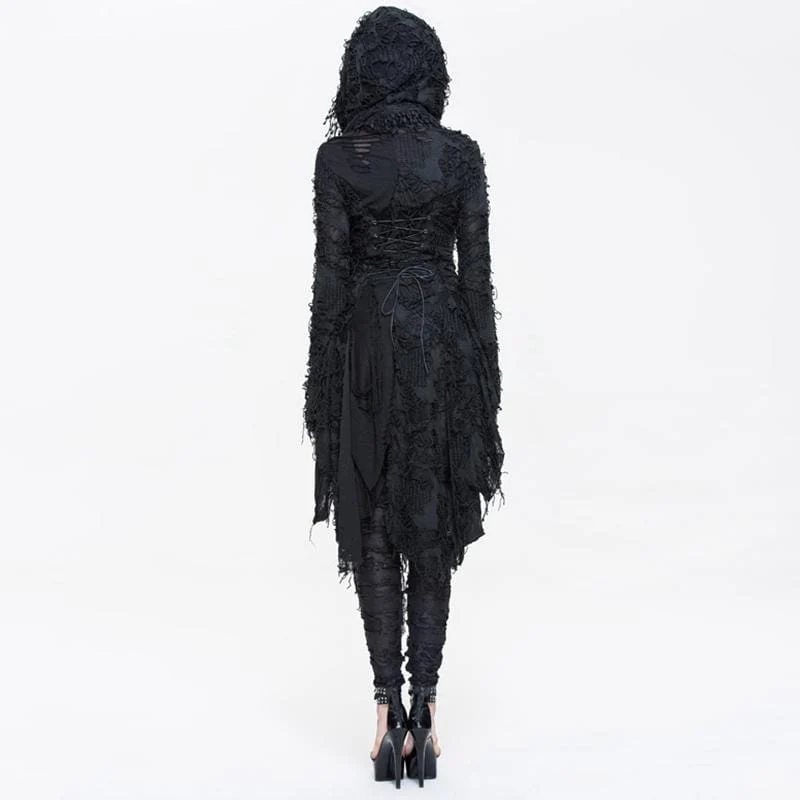 Frauen Spitze und Trimmen Goth Style Mid Length Hooded Dress