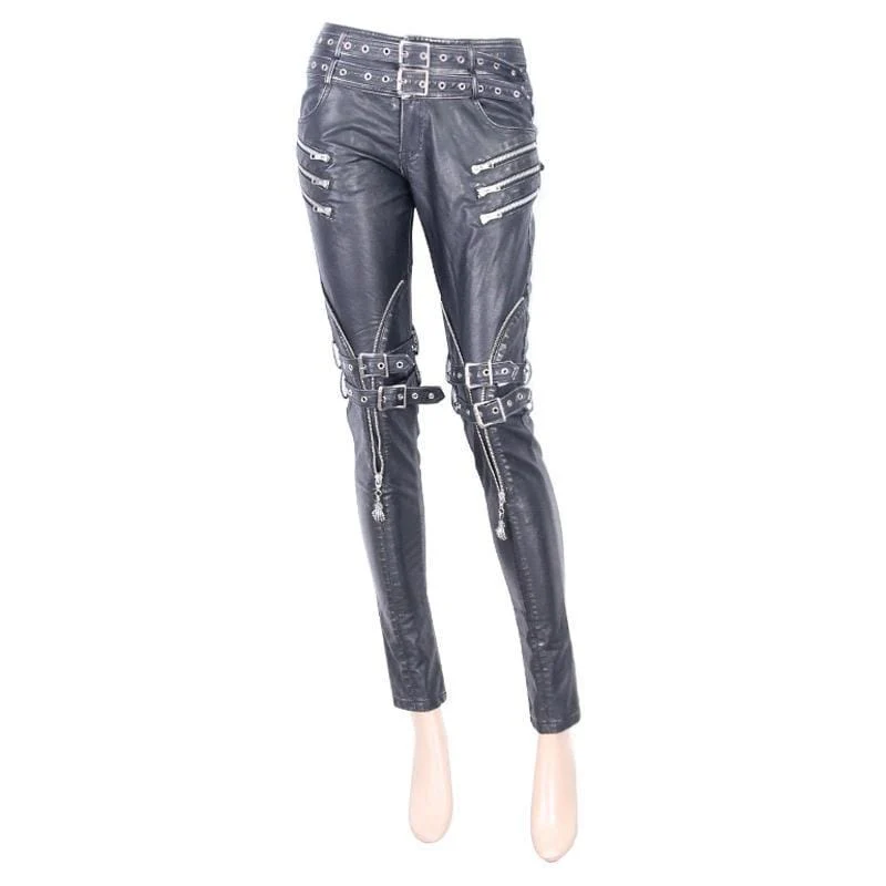 Frauen Kunstleder Goth Skinny Pants mit drei Reißverschlusstaschen
