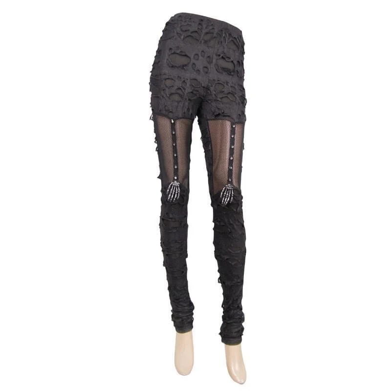 Frauen Distressed Kunstleder und Mesh Goth Leggings mit Skelett Hand