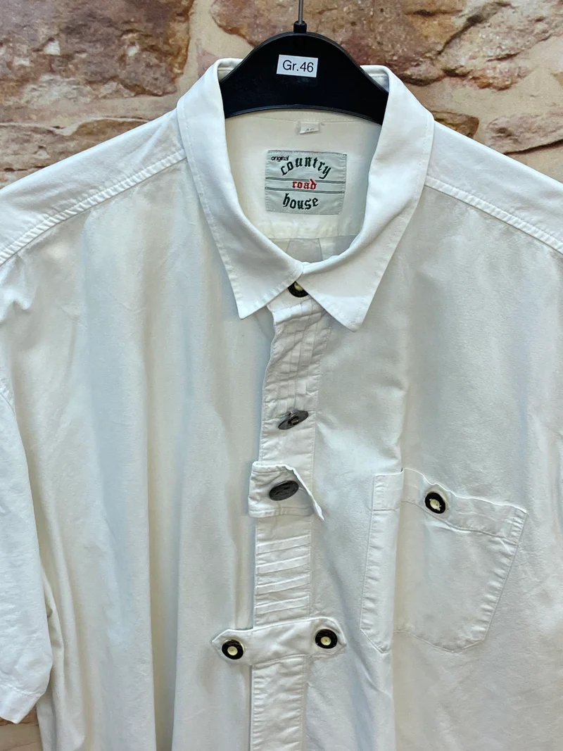 Vintage Trachtenhemd Weiß mit Brusttasche und Zierdetail Gr. 46