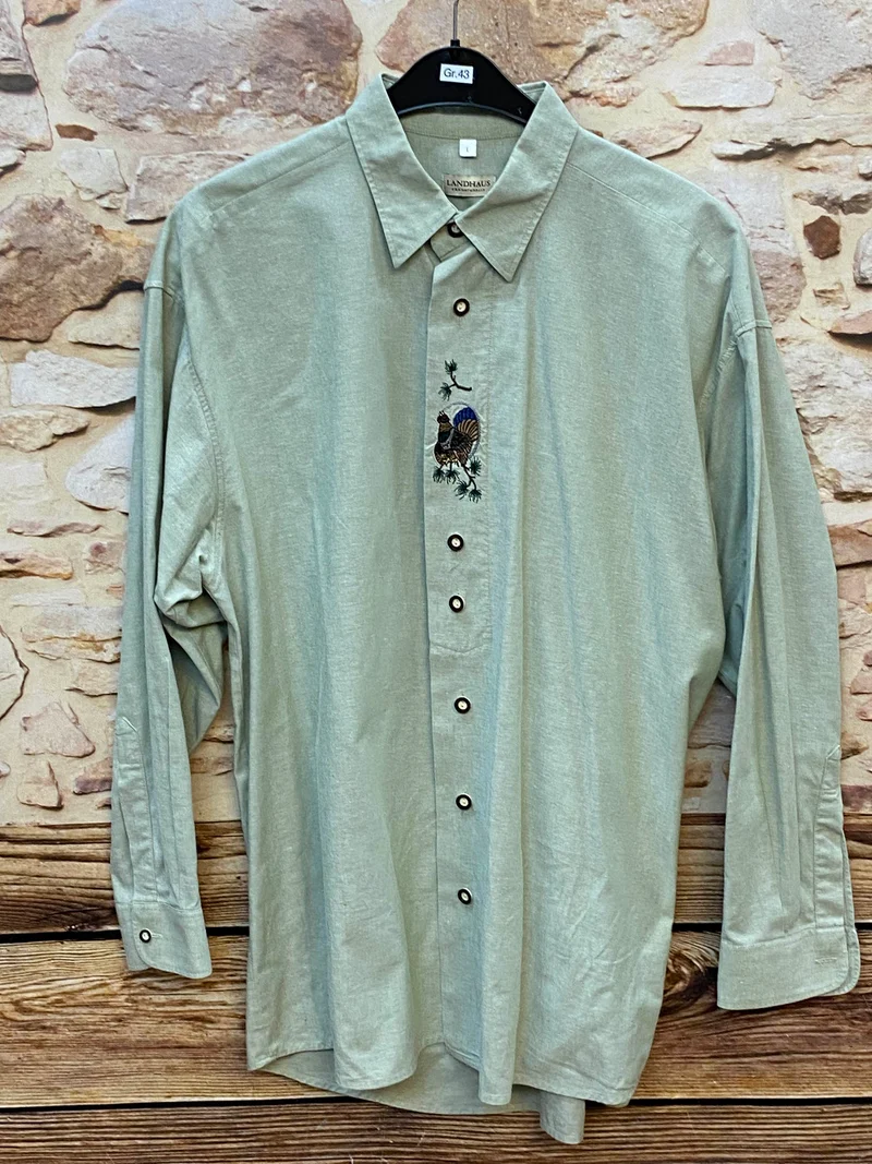 Vintage Trachtenhemd Hellgrün mit Fasanen-Stickerei Gr. 43