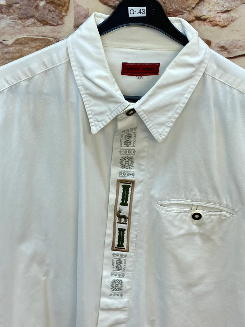 Vintage Trachtenhemd Weiß mit Stickleiste und Brusttasche Gr. 43