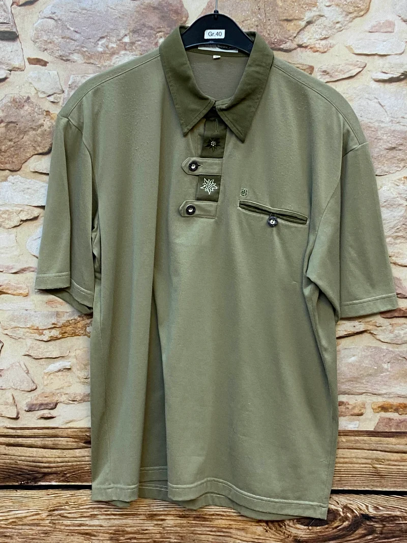Vintage Trachtenhemd Olivgrün mit Edelweiß-Detail Gr. 40