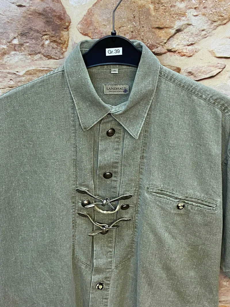 Vintage Trachtenhemd Herren Gr. 39 Leinen Mix Grün Landhaus