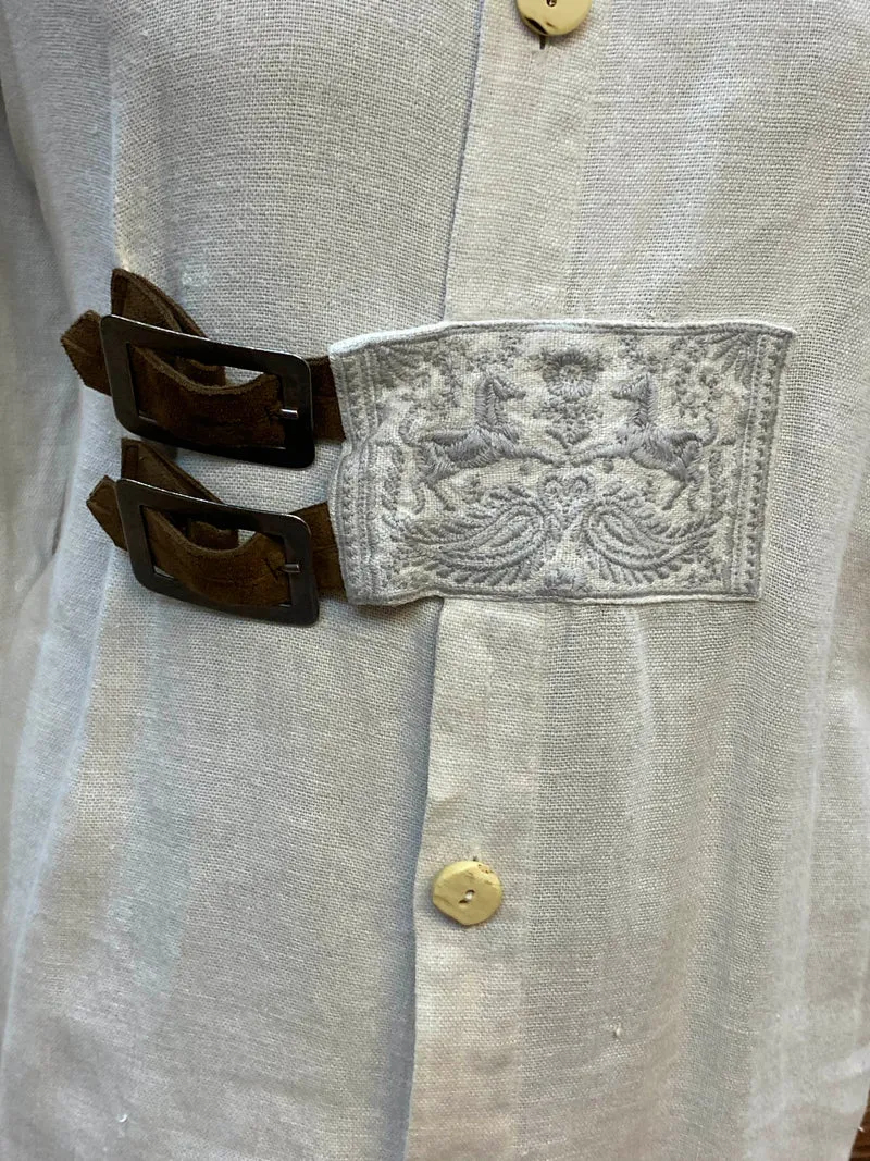 Vintage Trachtenhemd Herren 44 Natur Leinenstil mit Zierverschluss