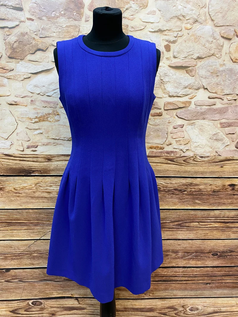 1970er Vintage Kleid Blau Gr. ca. 38 – tailliertes Retro Kleid mit Faltenrock