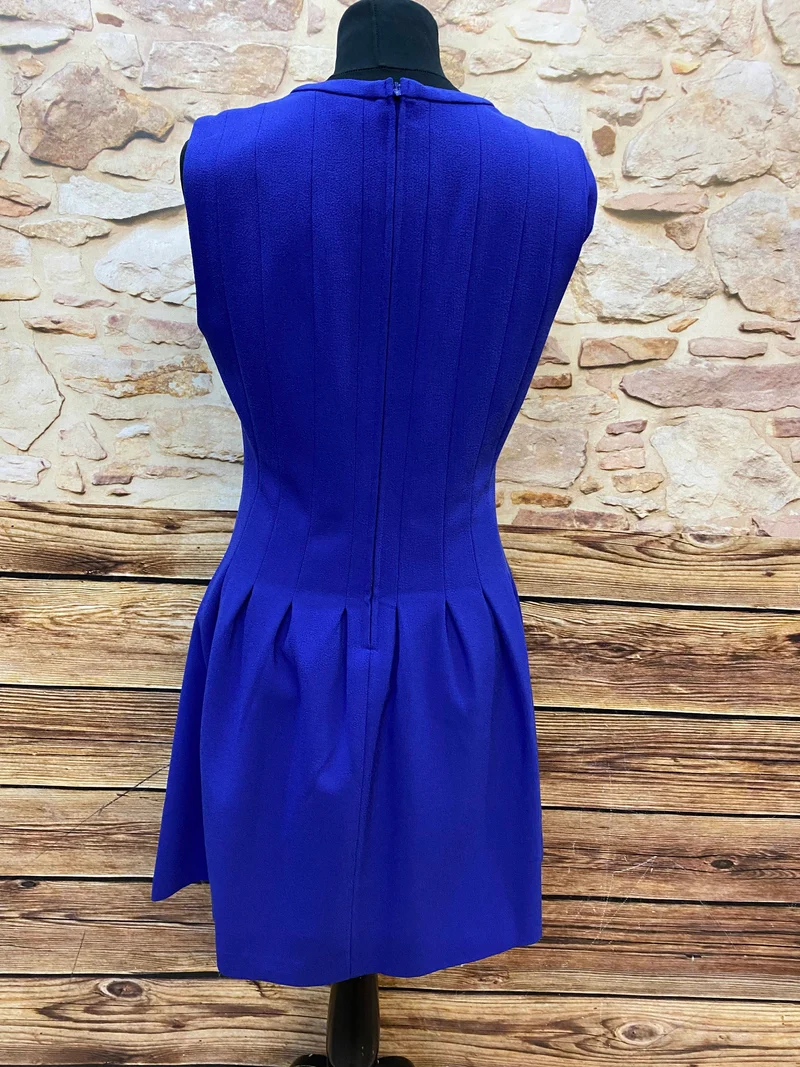 1970er Vintage Kleid Blau Gr. ca. 38 – tailliertes Retro Kleid mit Faltenrock