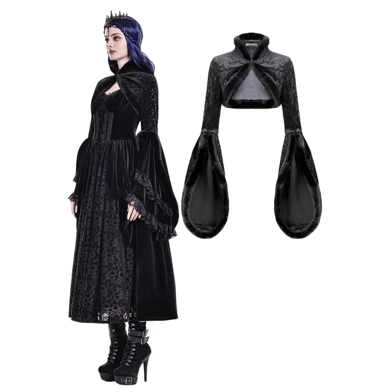 Gothic-Cape für Damen mit Jacquard-Muster, Kunstpelzbesatz und Froschknopfverschluss, kurz geschnitten