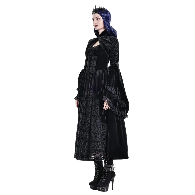 Gothic-Cape für Damen mit Jacquard-Muster, Kunstpelzbesatz und Froschknopfverschluss, kurz geschnitten