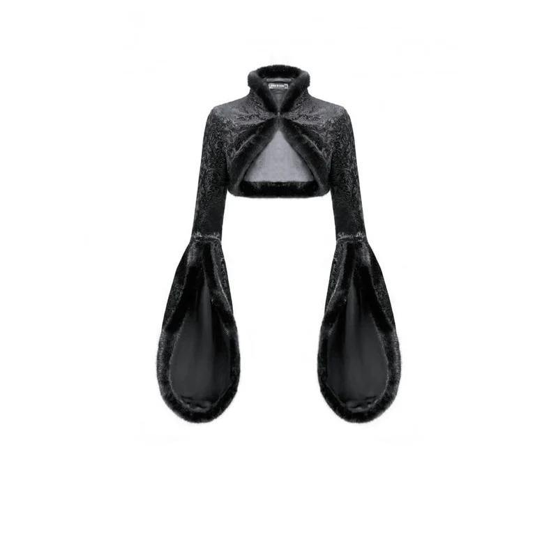 Gothic-Cape für Damen mit Jacquard-Muster, Kunstpelzbesatz und Froschknopfverschluss, kurz geschnitten