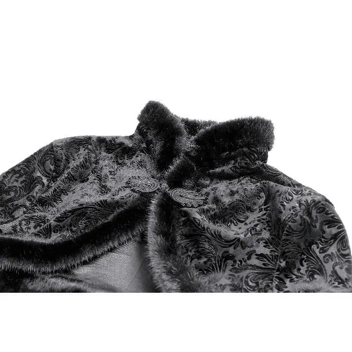 Gothic-Cape für Damen mit Jacquard-Muster, Kunstpelzbesatz und Froschknopfverschluss, kurz geschnitten