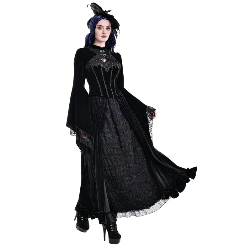 Gothic-Umhang aus Samt für Damen mit Spitzenapplikationen, ausgestellten Ärmeln.
