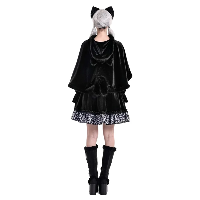 Gothic-Umhang für Damen aus Samt mit Katzenohren, Kunstpelzbesatz und Kapuze, Katzenohren und Kapuze