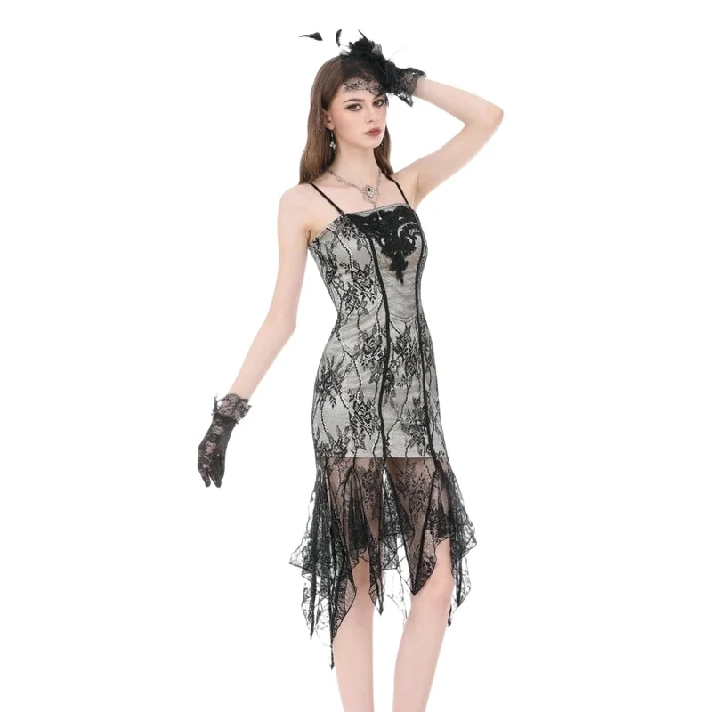 Gothic-Kleid für Damen mit floraler Stickerei, Spitze und unregelmäßigem Saum