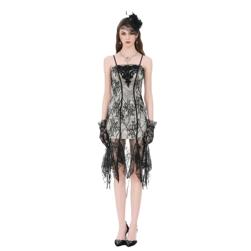 Gothic-Kleid für Damen mit floraler Stickerei, Spitze und unregelmäßigem Saum