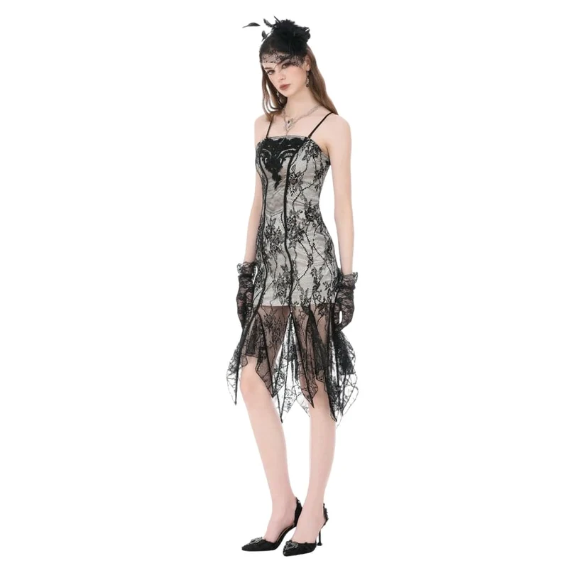 Gothic-Kleid für Damen mit floraler Stickerei, Spitze und unregelmäßigem Saum