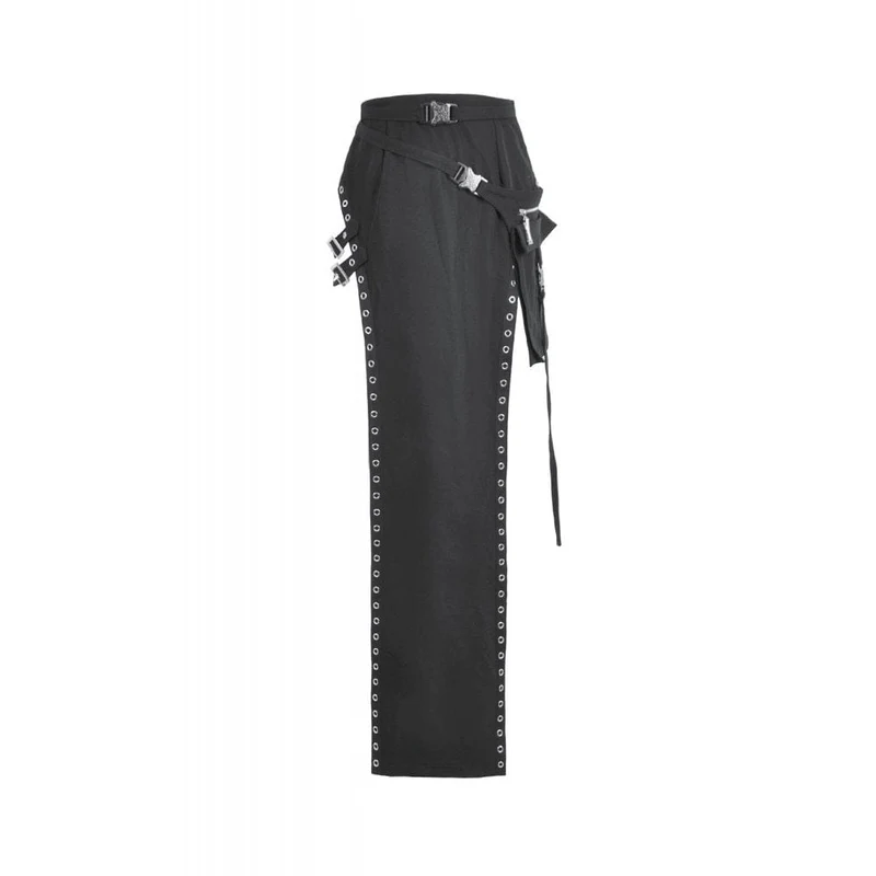 Damen-Midirock mit Punk-Schnallenriemen, Ösen, hohem Schlitz und abnehmbarer Tasche