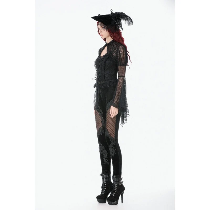 Gothic Leggings für Damen aus Samt mit floralem Mesh-Patchwork-Einsatz und Netzmuster