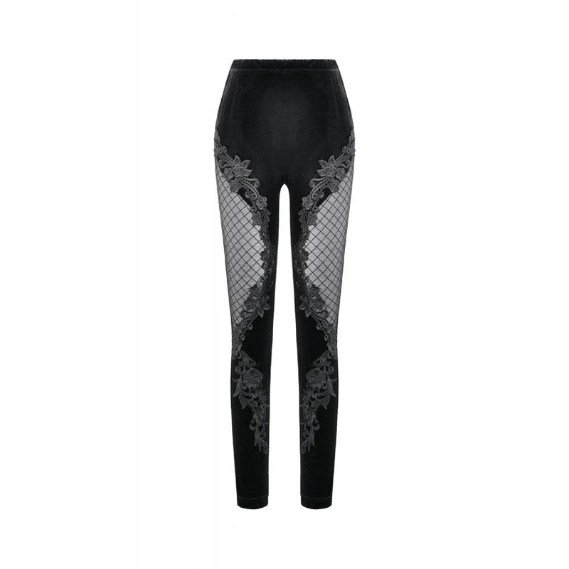 Gothic Leggings für Damen aus Samt mit floralem Mesh-Patchwork-Einsatz und Netzmuster