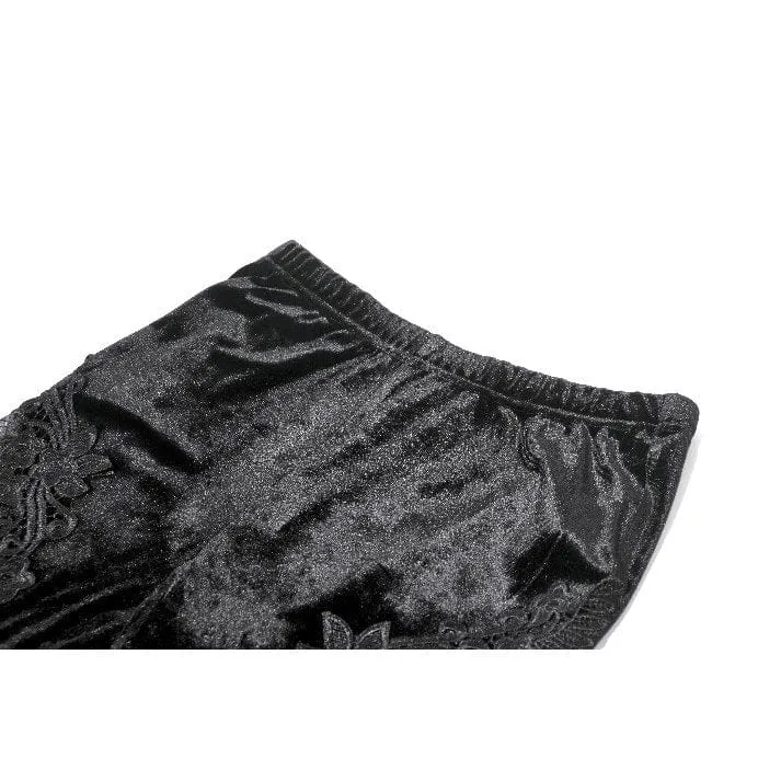 Gothic Leggings für Damen aus Samt mit floralem Mesh-Patchwork-Einsatz und Netzmuster