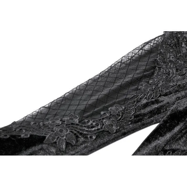 Gothic Leggings für Damen aus Samt mit floralem Mesh-Patchwork-Einsatz und Netzmuster