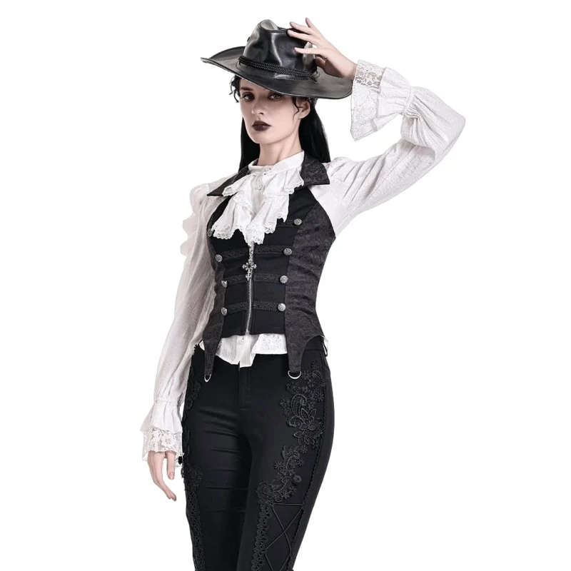 Gothic-Weste für Damen mit Neckholder, Reverskragen und Reißverschluss aus Jacquard-Stoff