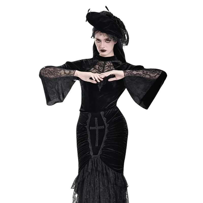 Gothic-Damen-Samttop mit Spitzenapplikationen, Stehkragen und ausgestellten Ärmeln