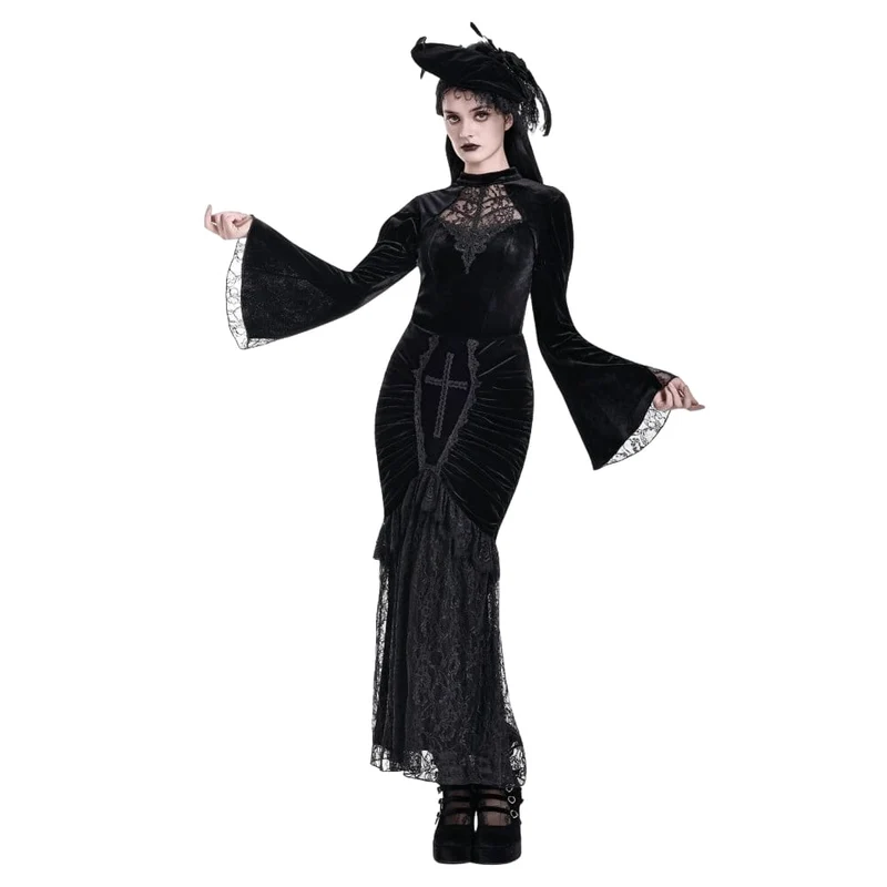 Gothic-Damen-Samttop mit Spitzenapplikationen, Stehkragen und ausgestellten Ärmeln