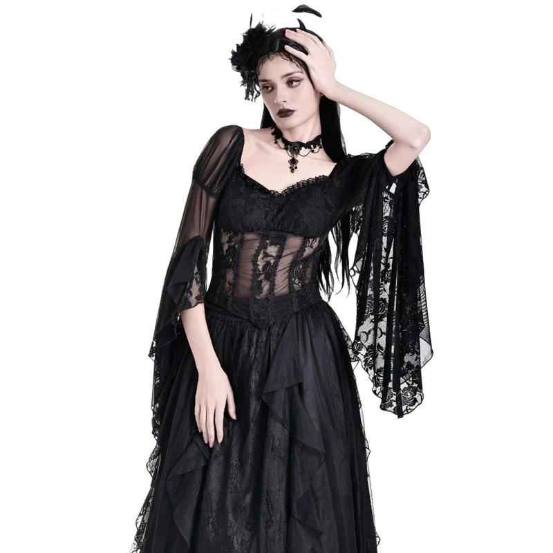 Gothic-Top für Damen, transparent, mit Rosen-Spitze, Rüschen und ausgestellten Ärmeln