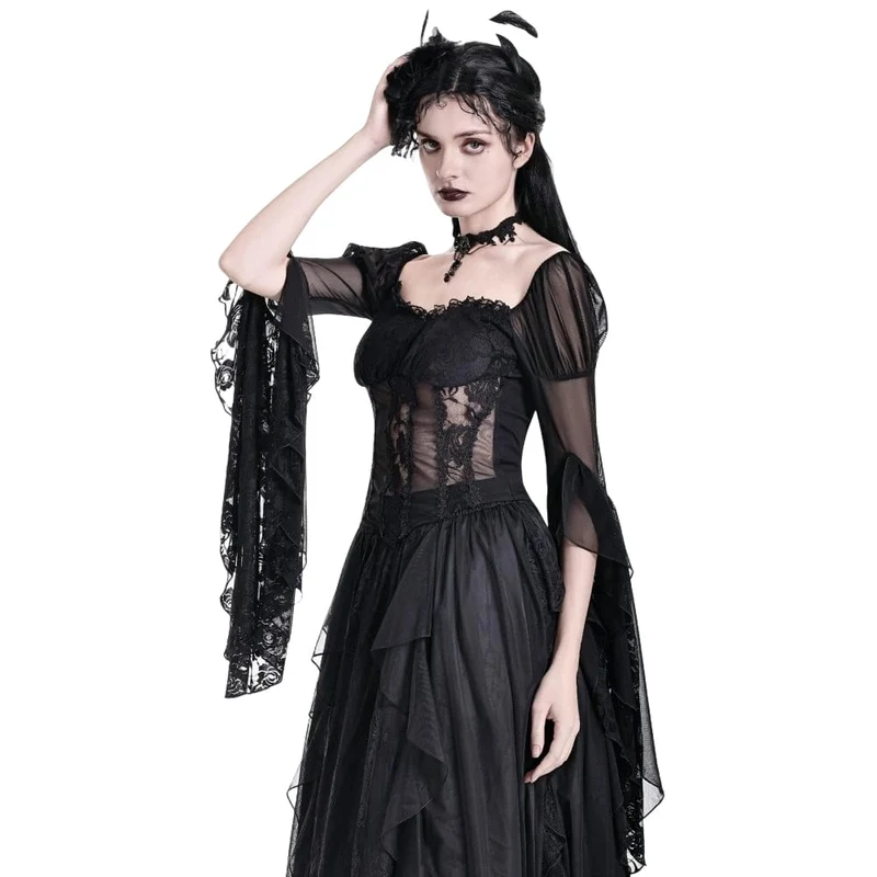 Gothic-Top für Damen, transparent, mit Rosen-Spitze, Rüschen und ausgestellten Ärmeln