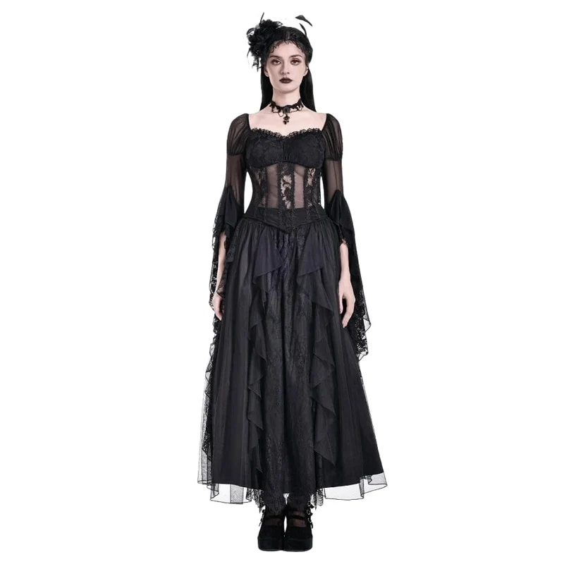 Gothic-Top für Damen, transparent, mit Rosen-Spitze, Rüschen und ausgestellten Ärmeln