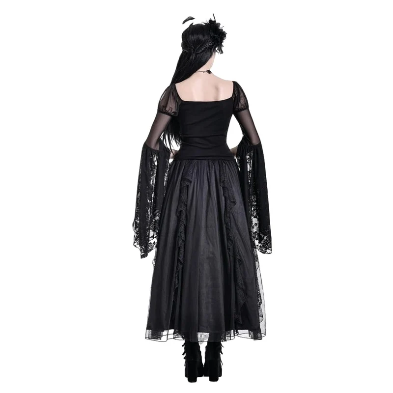 Gothic-Top für Damen, transparent, mit Rosen-Spitze, Rüschen und ausgestellten Ärmeln