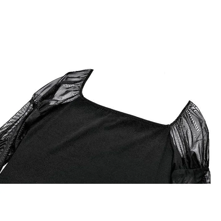Gothic-Top für Damen, transparent, mit Rosen-Spitze, Rüschen und ausgestellten Ärmeln