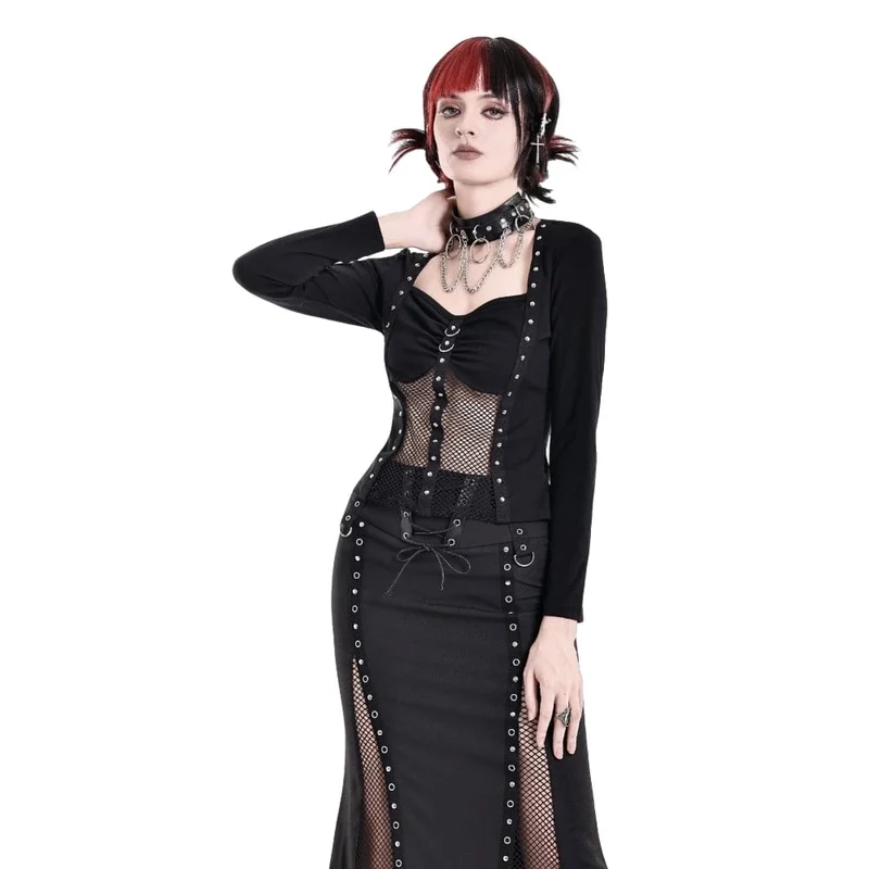 Cyberpunk-Damen-Top mit Nietenbesatz, Mesh-Patchwork, eckigem Kragen und langen Ärmeln
