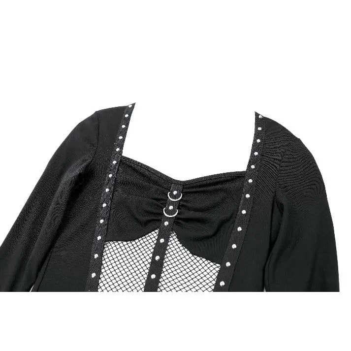 Cyberpunk-Damen-Top mit Nietenbesatz, Mesh-Patchwork, eckigem Kragen und langen Ärmeln