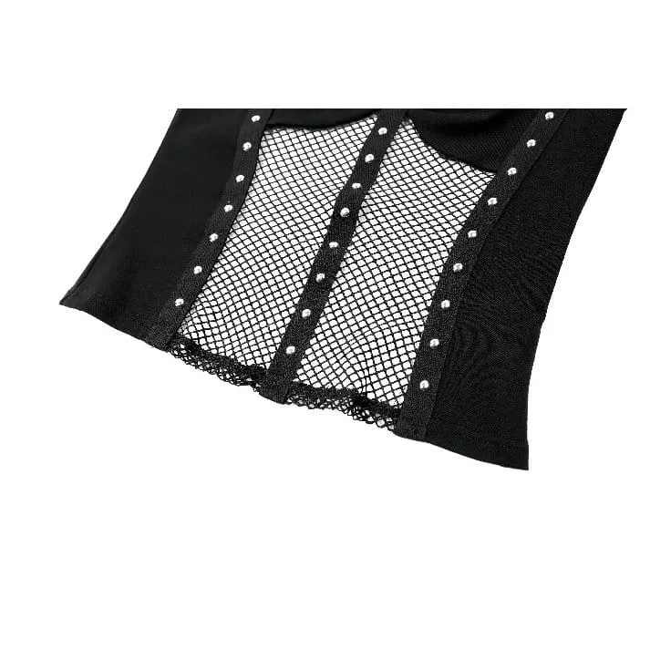 Cyberpunk-Damen-Top mit Nietenbesatz, Mesh-Patchwork, eckigem Kragen und langen Ärmeln