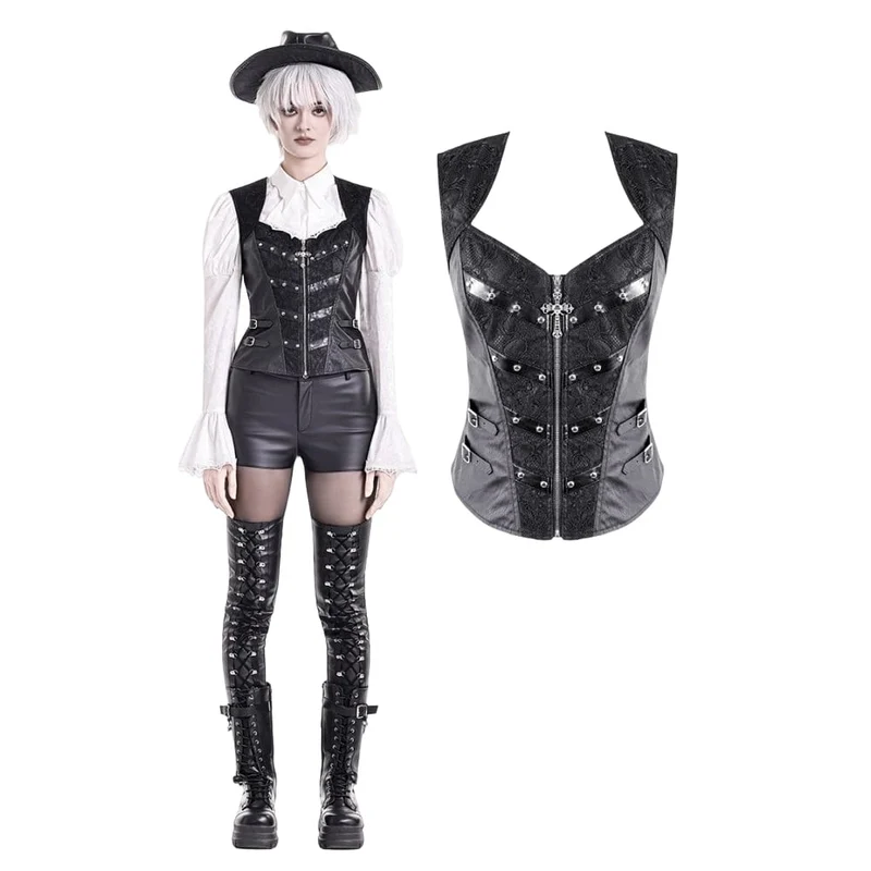 Gothic-Weste für Damen mit Nieten, Schnallen und Reißverschluss